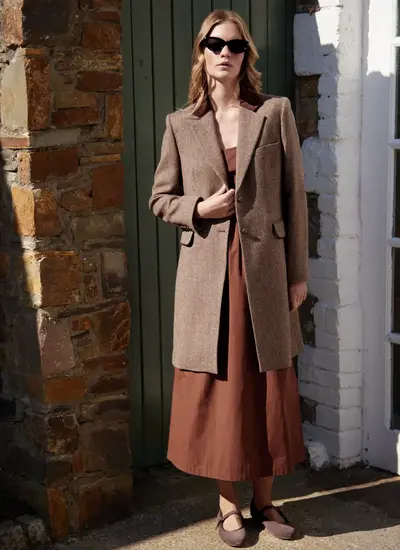 Salpensa Tweed Coat Mid-Length Coat in Chocolate Herringbone